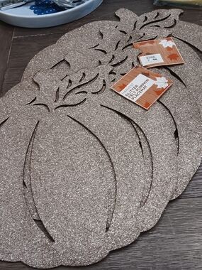 Set Of 4 Harvest Glitter Pumpkin Placemats- Sparkling Gold Fall Table Accent